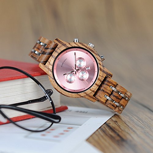 BOBO BIRD Women Wooden Watches Luxury Wood Metal Strap Chronograph & Date Display Quartz Watch Fashion Zebra Wood Casual Business Ebony Wristwatches (Zebra-Pink) BOBO BIRD