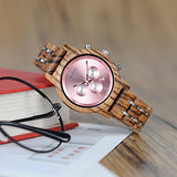 BOBO BIRD Women Wooden Watches Luxury Wood Metal Strap Chronograph & Date Display Quartz Watch Fashion Zebra Wood Casual Business Ebony Wristwatches (Zebra-Pink) BOBO BIRD