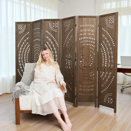 5.6 Ft Folding Room Divider, Portable Privacy Screen & Partition, No Assembly Required for Use as Cat Litter Box Cover, Clutter Hider, Room Separator, 6 Panels (Brown) Svimi