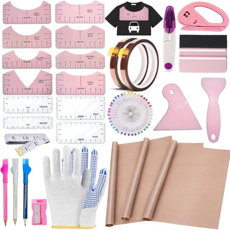 QUKLOGEN Sublimation Shirts Tool Kits Shirt Measure Ruler Set Reusable Round Neck and V Neck Alignment T Shirt Guide Ruler Teflon Sheet for Heat Press 12 x 16in Heat Resistant Tape QUKLOGEN