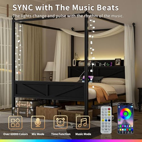 Tsovihe Queen Size Canopy Bed Frame with Barn Door Storage Headboard, Metal Slats Support LED Light & Charging Station/No Box Spring Needed/Easy Assembly/Curtain Not Included/Black Tsovihe