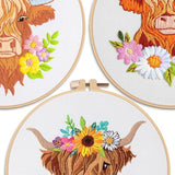 Louise Maelys 3 Sets Embroidery Kits for Beginners,Cross Stitch Kit for Adults,Starters DIY Needlepoint Including Hoop -Highland Cow and Florals Pattern