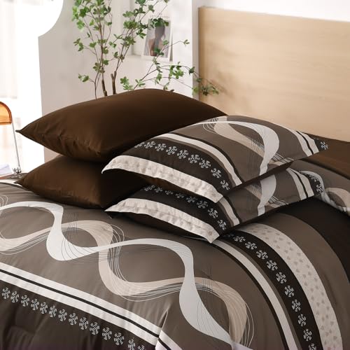 Anibedding Boho Comforter Set,8 Pieces Bed in a Bag Patchwork Striped Comforter Set,Brown Bed Set King Size,Soft Microfiber Boho Bedding Set for All Season(90"×104") Anibedding