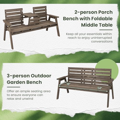 Tangkula Outdoor Fir Wood Bench with Foldable Middle Table, 2-3 Person Garden Bench with Backrest and Armrests, Slatted Seat Bench for Porch, Patio, Backyard, 710lb Weight Capacity (Coffee) Tangkula