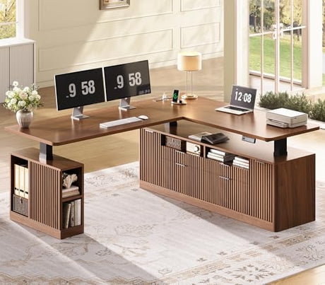SEDETA L Shaped Electric Standing Desk, 69" x 55"Height Adjustable Office Executive Desk with 4 Drawers and Storage Shelves, Fluted Sit Stand Computer Desk with Power Outlet for Home Office (Brown) SEDETA
