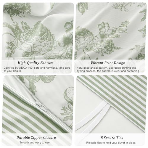 PHF Ultra Soft Floral Duvet Cover King Size, Printed Bedding Set 3 Pieces, Comfy Farmhouse Pattern Duvet Cover Set with 2 Pillow Shams, Zipper Closure and 8 Ties, 104"x90", Flower-Green PHF