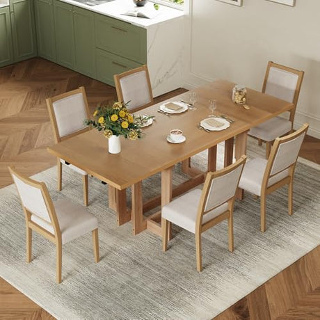Merax 82'' 7-Piece Rustic Extendable Dining Table Set, Trestle Kitchen Table with 6 Upholstered Chairs and Two 12'' Removable Leaves, Solid Rubber Wood Farmhouse Dining Set, Natural+Beige Merax