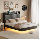 GarveeHome Full Size Floating Bed Frame with RGB LED Lights & Charging Station, Upholstered Platform Bed Frame with Storage Headboard, 50" Tall Headboard Leather Full Bed No Box Spring Needed, Black GarveeHome