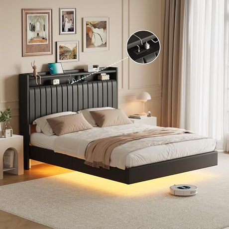 GarveeHome Full Size Floating Bed Frame with RGB LED Lights & Charging Station, Upholstered Platform Bed Frame with Storage Headboard, 50" Tall Headboard Leather Full Bed No Box Spring Needed, Black GarveeHome