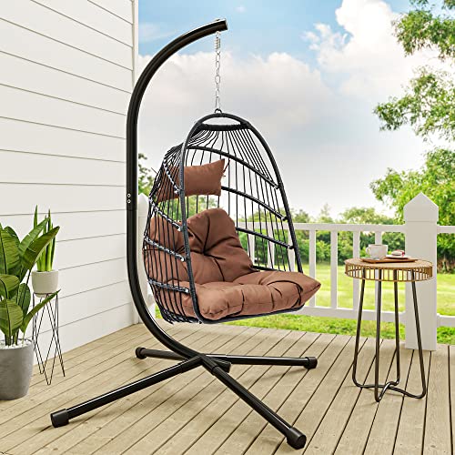 YITAHOME Hanging Egg Swing Chair Outdoor Wicker Hammock Chairs Indoor with Steel Stand UV Resistant Cushion 350lbs for Patio, Bedroom, Garden and Balcony, Brown - WoodArtSupply