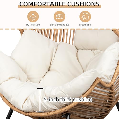 JAMFLY Egg Chair Wicker Outdoor Chairs, Oversized Patio Chair Oversized Lounger Chair with Cushion for Indoor Living Room, Bedroom, Outside Patio Backyard Balcony, Creamy White