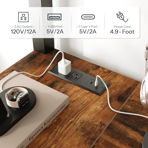 HOOBRO Twin Size Loft Bed with Ladder and Guardrail, Metal Bunk Bed with Desk, LED Lights and Charging Station for Teens, Adults, Space Saving, No Box Spring Needed, Black and Rustic Brown HOOBRO