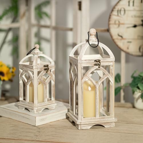 Staymoment Farmhouse Decorative Candle Lanterns Set of 2, Indoor Rustic Wooden Candle Holder for Table Centerpiece Fireplace Mantle, 12" & 16" Hanging Home Decor for LED & Real Candles, Whitewashed Staymoment