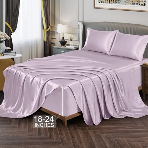 Vonty Extra Deep Pocket Full Sheet Sets - Cooling & Silky Satin Full Size Sheets with 18-24 Inch Deep Pocket, Luxury Lavender Satin Bed Sheets Fit Up to 24" Deep Mattress - 4 Piece Vonty