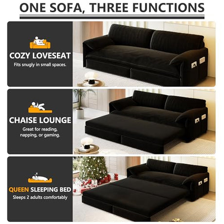 UPYOOE 63.8" Futon Sofa Bed Queen Size, Pull Out Bed, 3-in-1 Convertible Sleeper Sofa with Side Pocket, Modern Velvet Futon Couch for Living Room, Small Space, Apartment, Bedroom, Black UPYOOE