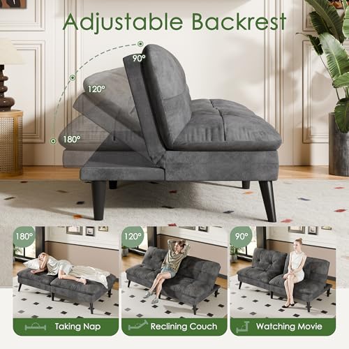 Shintenchi Convertible Futon Sofa Bed, Folding Velevt Set with Adjustable Backrest Recliner Lounge for Living Room, Apartment or Office, Solid Wood Frame, 3-Seater Sofa, Dark Grey Shintenchi