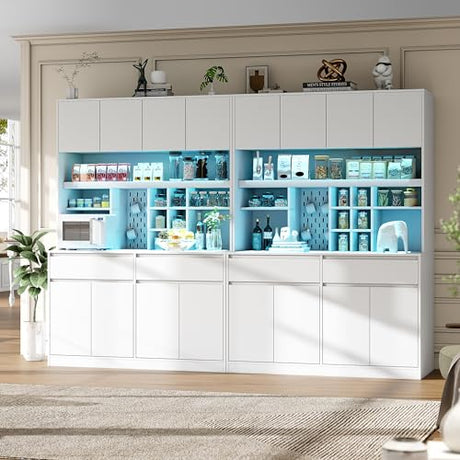 Gyfimoie 71" Kitchen Pantry Storage Cabinet with Charging Station, Kitchen Hutch with LED Light & Open Shelving, Buffet Cabinet with Drawers, Farmhouse Food Pantry for Living Room, White Gyfimoie