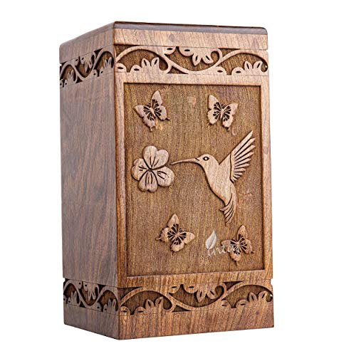 INTAJ Wooden Cremation Urn for Human Ashes, Adult INTAJ Rosewood Urn for Ashes, Humming Bird Funeral Cremation Urn Hand-Crafted - Burial Urn Box INTAJ
