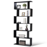 Tangkula 6-Tier Geometric Bookcase, Modern S-Shaped Storage Display Bookshelf for Living Room, Anti-Toppling Device, Home Office Wooden 6 Shelf Open Bookcase (1, Black) Tangkula
