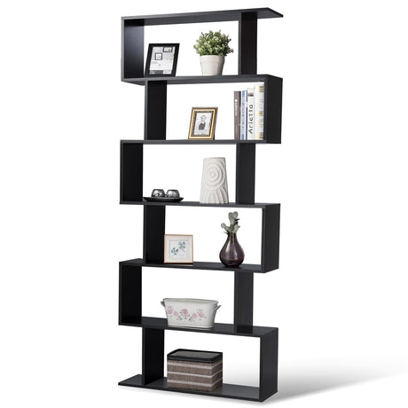 Tangkula 6-Tier Geometric Bookcase, Modern S-Shaped Storage Display Bookshelf for Living Room, Anti-Toppling Device, Home Office Wooden 6 Shelf Open Bookcase (1, Black) Tangkula