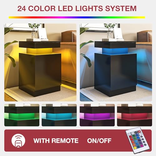 OneBlis LED Nightstands Set of 2, 17 Inches Night Stand Set 2, Modern Bedside Table with LED Lights, High Gloss Surface, End Table with Storage for Bedroom, Black OneBlis
