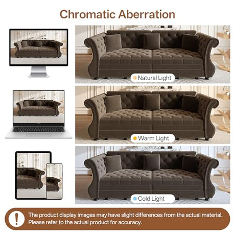 LuxyHoom 97.6'' Sleeper Sofa Bed King Size, Flower Tufted Pull Out Couch, Velvet Chesterfield Futon Couches, Modern 4 Seater Convertible Sofa, 3 Pillows for Living Room, Apartment, Offices, Brown LuxyHoom