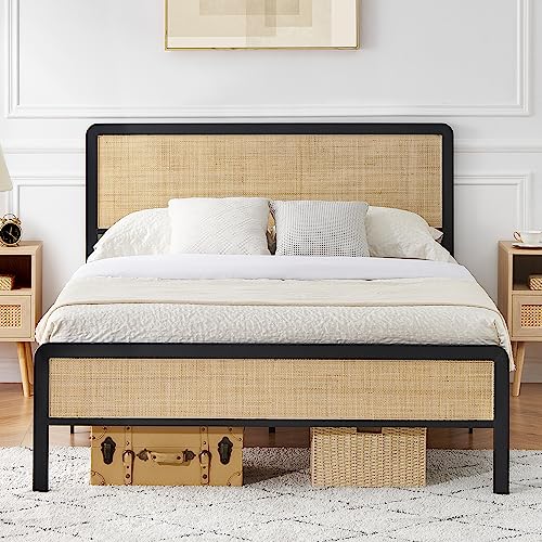 Amyove Boho Queen Bed Frame with Natural Rattan Headboard and Footboard Amyove