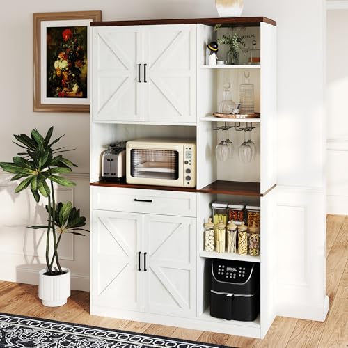 71" Kitchen Pantry Cabinet with Charging Station & LED Light,Freestanding Buffet Storage Cabinets with Adjustable Shelves,Farmhouse Kitchen Hutch with Microwave Stand for Dining Room (White+Brown) Anwick