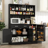 Tall Pantry Cabinet, Modern Kitchen Hutch with Microwave Stand, Kitchen Pantry Storage Cabinet with 2 Darwers & Door Shelf, Food Pantry with Goblet Holders & Adjustable Shelves for Dining Room, Black Gyfimoie