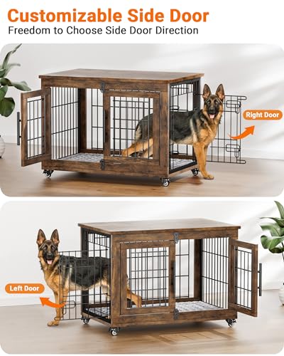 YaFiti Dog Crate Furniture with Cushion, Wooden Dog Kennel Indoor with Double Doors, Dog Cage with Wheels, Dog House Side End Table for Small Medium Dogs up to 45 lb, 32.5” L, Rustic Brown - WoodArtSupply