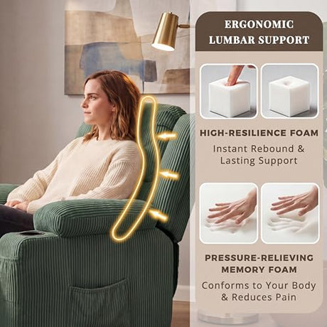 IKAKOS 360 Degree Swivel Rocker Recliner Chair with Heat and Massage, Soft Corduroy Manual Reclining Nursery Glider with USB Port, 2 Cup Holders & 4 Storage Pockets, 400lbs Capacity (Green) IKAKOS