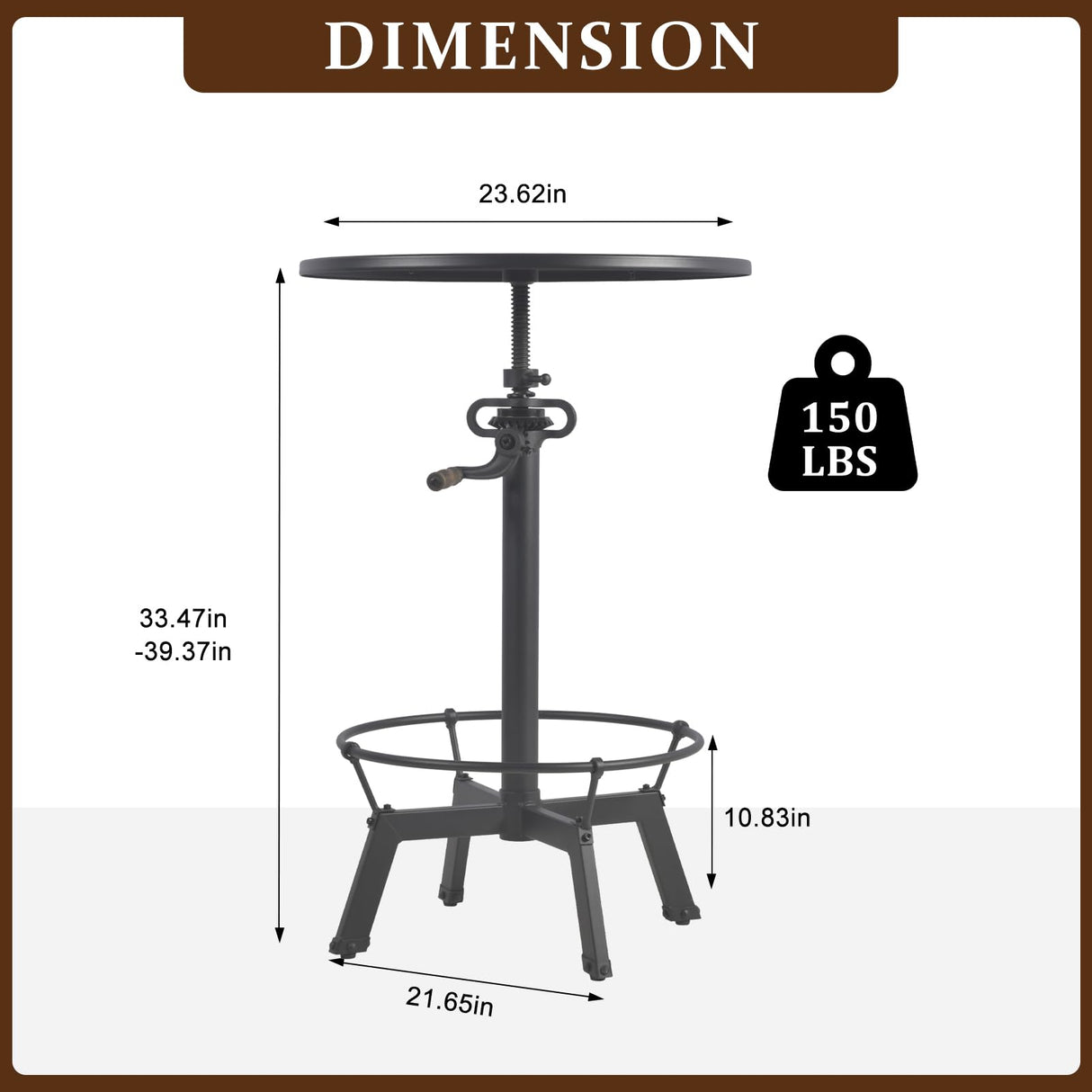 LOKKHAN Industrial Bar Table-33.5-39.4 Inch Tall-Adjustable Bar Height Pub Table-23.7 Inch Swivel Round Metal Top-Easily Adjusts by Crank Handle, Black LOKKHAN
