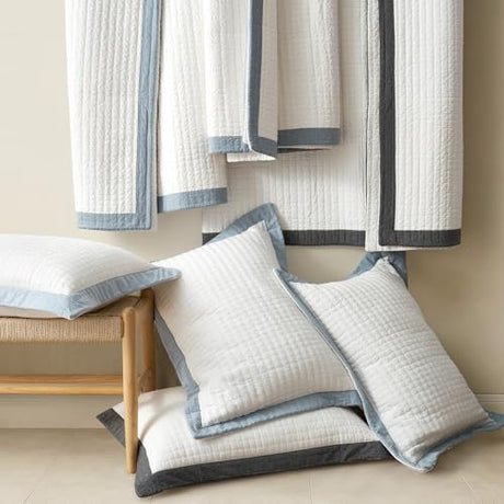 EVERGRACE Cotton Border Frame Tack-Stitch Quilt Bedding Set King Size, Coastal Oversized 3 Pieces Lightweight Bedspread Coverlet for All Season, with 2 Matching Shams, Blue Linen EVERGRACEHOME