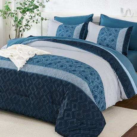 Dinjoy Navy Blue King Size Comforter Set,Striped Bed in a Bag King 7 Pieces Soft Microfiber Fall Bedding Comforters Sets with Sheet Boho Bed Complete Set for Men All Season Dinjoy