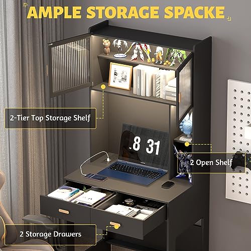 LVSOMT Home Office Desk with Hutch and Drawers, Modern Computer Gaming Desk with LED Lights & Power Outlets, Black Study Table with Storage Shelves, Teen Writing Desk for Bedroom, 31.5'' W LVSOMT