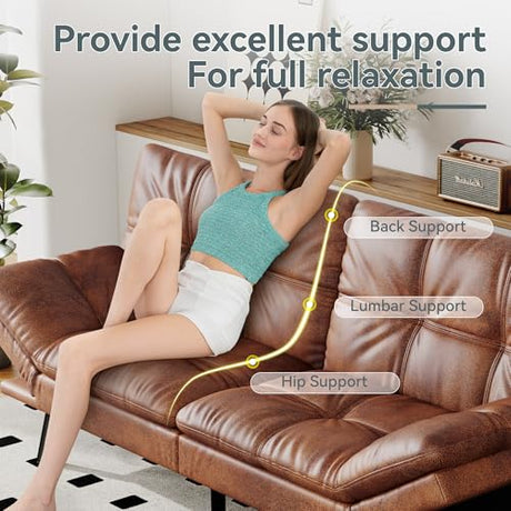 AMICLIBER Futon Sofa Bed Convertible Couch, Brown Faux Leather Sofa Bed with Memory Foam, Adjustable Backrest & Armrests, Multifunctional Small Loveseat Sleeper Sofa for Living Room, Apartment, Office AMICLIBER