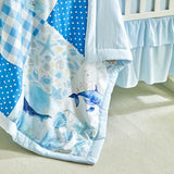 Patchwork Crib Bedding Set Blue Ocean Plaid Design 3 Pieces Baby Cute Quilted Comforter with Fitted Sheet and Bed Skirt - Whales Dolphins Turtles Seahorses Shell Marine Animals Style Crib Bed Set UOZZI BEDDING