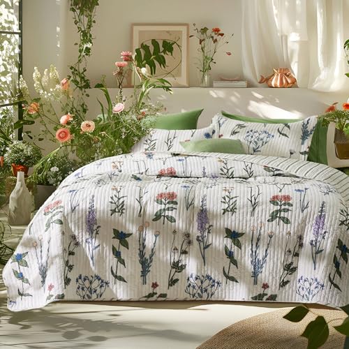Bedsure Floral Quilt King Size - Reversible White Floral Comforter, Spring Lightweight Bedspread Quilt Bedding, Soft Microfiber Coverlet for All Seasons (106"x96") Bedsure