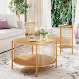 Brafab 4-Piece Living Room Table Set, 60" Boho TV Stand with Hand-Woven Ropes, Round Rattan Coffee Table & 2 Side Tables Brafab