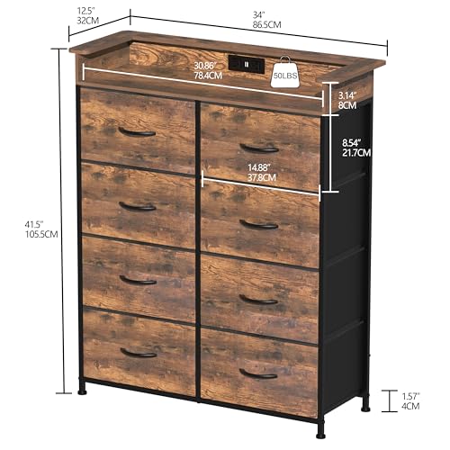 Welfuturer Tall Dresser for Bedroom with Charge Station 8 Drawers Dresser with LED Lights Chest Organizer Units for Hallway Entryway Closets Sturdy Steel Frame Wood Top Easy Pull Handle Rusti - WoodArtSupply