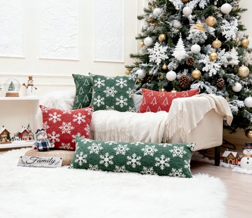 2 Pack Christmas Pillow Covers 18x18, Chenille Double-Sided Snowflake & Christmas Tree Decorative Throw Pillow Cases, Soft Farmhouse Holiday Cushion Covers for Sofa Couch Bed(Red,18x18) Auomily