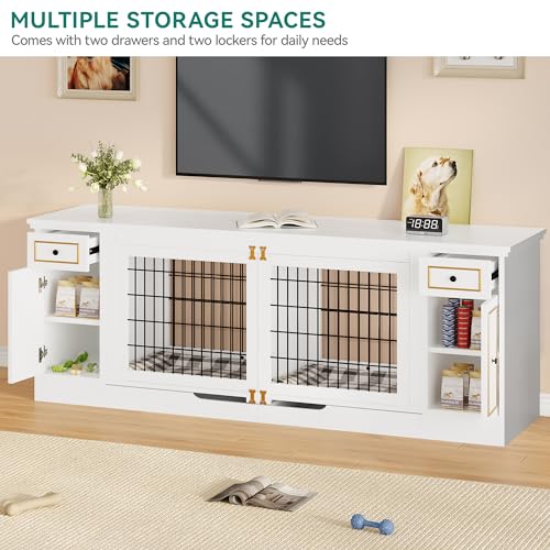 YITAHOME Double Dog Kennel Furniture with Tray, 79" Dog Crate Table with Storage for 2 Small/Medium Dogs, Indoor Wooden Dog House TV Stand, White - WoodArtSupply