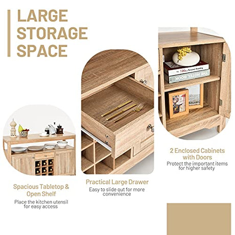 Giantex Buffet Server Sideboard, Console Table, Wood Dining Table, Cupboard Table with 2 Cabinets, 1 Drawer and 9 Wine Cabinets, Storage Organizer Kitchen and Dining Room (Natural) Giantex
