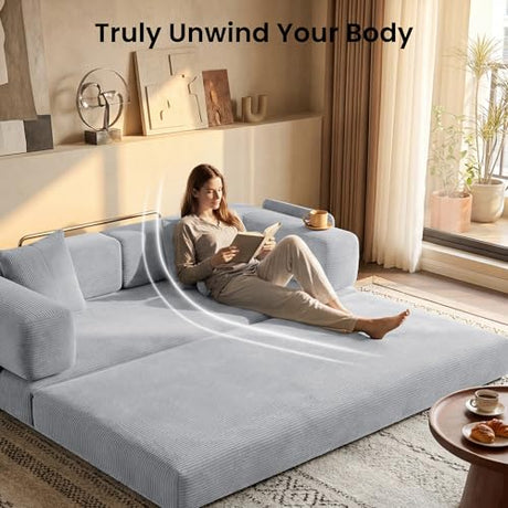 CUBENTE 78.8" Convertible Futon Sofa Bed,Corduroy Futon Couch with Storage Pocket,Folding Pull Out Sofa,No Assembly Boneless Couch for Living Room,Grey CUBENTE