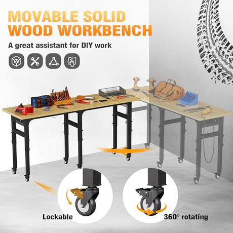 TITIMO 83" Adjustable Workbench, Work Benches for Garage with Pegboard, 3000 LBS Heavy Duty Rubber Wood Tabletop with Power Outlet, Rolling Work Table with Wheels for Workshop, Office (83" x 23.6") TITIMO