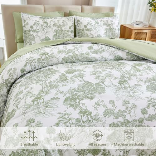 DJY Full Size Comforter Sets, Sage Green 7 Pieces Bed in a Bag Full Botanical Comforters with Sheets Elegant Plants Print Soft Microfiber Reversible Complete Bedding Sets for All Season DJY