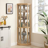 Corner Lighted Curio Cabinet, Elegant Glass Display Case for Collection with Adjustable Shelves, Mirrored Back Panels, Magnetic Glass Doors, Built-in Lighting, Light Oak, (Light Bulbs are Included) LOPOO