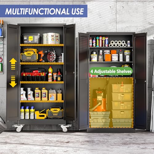 AUEYTVR 71" Tall Metal Garage Storage Cabinet with Wheels and Locking Doors and Tall Rolling Steel Tool Cabinet with 4 Adjustable Shelves for Garage,Home,Office,Shop (Black) AUEYTVR