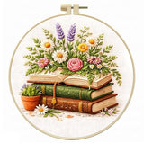 Zhenqing Books and Flowers Embroidery Kit for Beginners, Pre-Printed 29x29cm Cotton Fabric with 20cm Hoop, Literary and Nature Themed Design for Home Decor (JC0003)