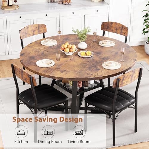 Round Dining Table Set for 4, Kitchen Table and Chairs for 4, Circle Table Round Pedestal Dining Room Dinner Dinette Table Set,5 Piece Space Saving Wood Kitchen & Dining Room Tables Set Furniture Jocoevol